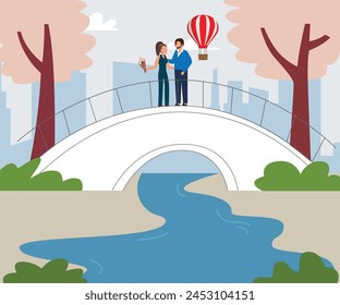 Young couple on a date walking in the city park bridge with hot air balloon in the background flat vector illustration