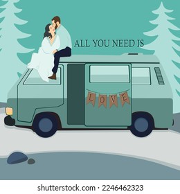 Young couple on the green bus on a background of fair trees in the forest, boho vector illustration, hippy bus van road trip, forest landscape scenery, peace and love scene, all you need is love