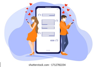 The young couple is on isolation. Holding smartphone, communicate and sending love message. Concept of long-distance relationships in quarantine.