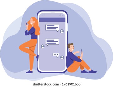 The young couple is on isolation. Holding smartphone, communicate and sending love message. Concept of long-distance relationships in quarantine.