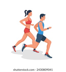 Pareja joven en una caminata de trote. Un hombre y una mujer están corriendo. Chica atractiva joven y niño. Estilo de vida activo. Deportes y fitness. Diseño plano de ilustración vectorial. Cuerpo atlético.