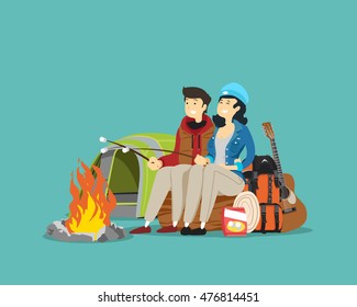 Young couple on the nature with tent. Vector illustration.