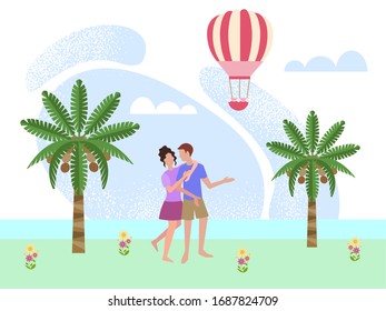 Young couple on the ocean coast among palm trees and a balloon vector illustration an idyllic vacation by the ocean concept, lovers on vacation