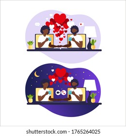 Young couple on an online chat. Virtual relationships and online dating and social networking concept. Online dating. African man and woman in love.Vector illustration in flat.