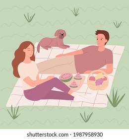 A young couple on a picnic with a dog. A man and a woman on a date in nature. Summer vacation and relaxation. Flat vector illustration.