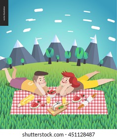 Young couple on picnic - flat cartoon vector illustration of woman and man laying down on checkered plaid in landscape with mountains and trees on the background, and field of grass on the foreground