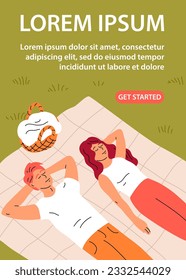 Young couple on a picnic. Man and woman on holiday. Family in nature. People lie on the bedspread. Flat vector illustration. Design for banner, poster, website