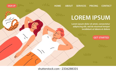 Young couple on a picnic. Man and woman on holiday. Family in nature. People lie on the bedspread. Flat vector illustration. Design for banner, website