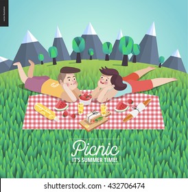 Young couple on picnic template - flat cartoon vector illustration of woman and man laying down on checkered plaid in landscape with mountains and trees, and field of grass on the foreground