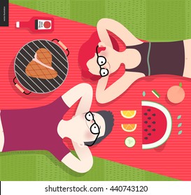 Young couple on picnic, top view,vegetarian vs meat eater - flat cartoon vector illustration of woman and man laying down on red plaid on green grass, with vegetarian and meat meal