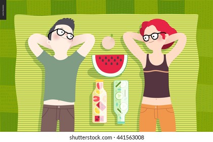 Young couple on picnic, top view - flat cartoon vector illustration of woman and man laying down on striped green plaid on green grass, bottles with fruit water, cucumber water, watermelon and peach