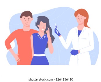 Young couple on reception at the doctor. The solution of problems with fertility, artificial insemination, expectation of a child. Vector illustration on a medical theme.