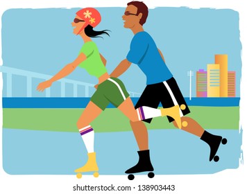 Young couple on roller skates jogging, urban landscape on the background, vector illustration