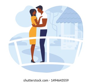 Young Couple on Romantic Date Vector Illustration. Happy Girlfriend and Boyfriend Cartoon Characters. Man and Woman Meeting in Park. Amorous Relationship, Dating. Lovers Standing on Bridge