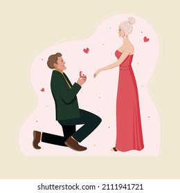 Young couple on a romantic date. A man proposes to a girl. Valentine's day card. Vector flat illustration.