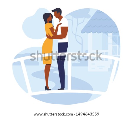 Young Couple on Romantic Date Vector Illustration. Happy Girlfriend and Boyfriend Cartoon Characters. Man and Woman Meeting in Park. Amorous Relationship, Dating. Lovers Standing on Bridge
