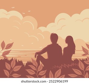 Ein junges Paar am Meer. Silhouette der Menschen vor dem Hintergrund der Natur. Ein Mann und eine Frau entspannen vor dem Hintergrund eines schönen Sonnenuntergangs. Wolke und Landschaft. Romantische Vektorgrafik