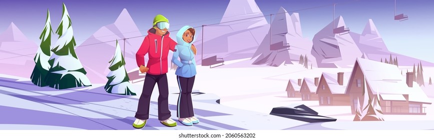 Joven pareja en la estación de esquí, hombre y mujer con ropa de invierno abrazando una colina nevada con montañas, cabañas y fondo funicular, gente relajante, actividad al aire libre, ilustración vectorial de dibujos animados