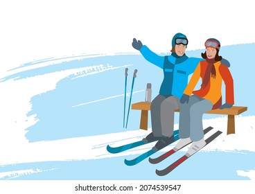 Young couple on ski vacation, banner background.
young couple with skis sitting on the bench in snowy mountains, brush stroke backdrop. Vector available.