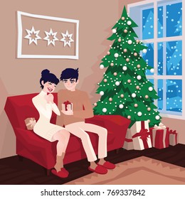 Young couple on sofa and cat in decorated guest room interior with a fireplace. Family celebration. Christmas tree, gifts. Cozy home holiday. Vector illustration in cartoon style. Merry christmas.