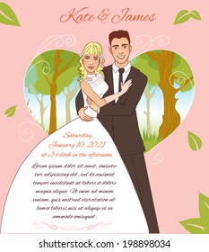 Young couple on the summer background. Invitation card for the summer wedding event