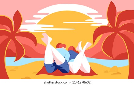 A Young Couple On The Sunny Beach,gull, Summer Time, Floating Fins On A Sand Beach.(Overhead View), Vector Illustration