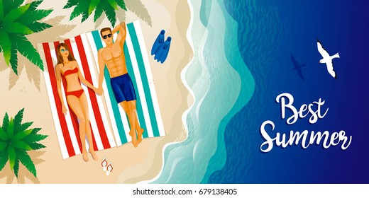 A Young Couple On The Sunny Beach,gull, Summer Time, Floating Fins On A Sand Beach.(Overhead View), Vector Illustration