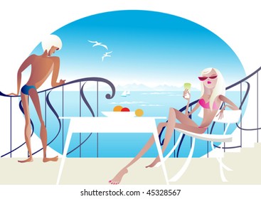 Young couple is on the terrace of  a beautiful hotel overlie  the sea