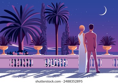 A young couple on a terrace in an evening Mediterranean park against the backdrop of palm trees and the sea. Handmade drawing vector illustration.