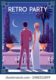 A young couple on a terrace in an evening Mediterranean park against the backdrop of palm trees and the sea. Retro party invitation card. Handmade drawing vector illustration. Art Deco style.