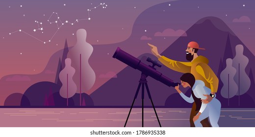 Young couple on vacation in the mountains looks through a telescope at the constellation Hydra. Flat graphic vector illustration.