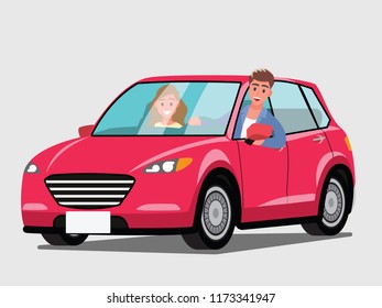 young couple on vacation. Travel on car,Guy driving ,Vector illustration cartoon character.