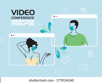 young couple on video conference vector illustration desing