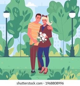 Young couple on a walk in a city park in spring or summer on a date. Flat vector illustration.