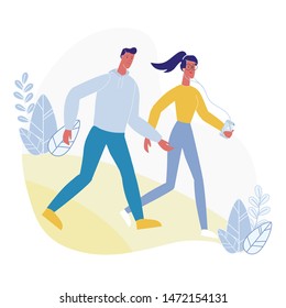 Young Couple on Walk Flat Vector Illustration. Boyfriend and Girlfriend in Earphones Cartoon Characters. Romantic Pastime, Date. Happy Man and Woman, Friends on Outdoor Stroll, Morning Jogging