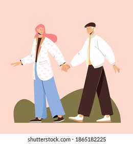 Young couple on a walk holding hands. Vector illustration in flat style