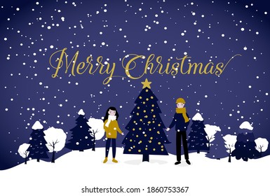 Young couple on the winter landscape with a Christmas tree. Vector illustration in flat style. Navy and gold colors. EPS 10