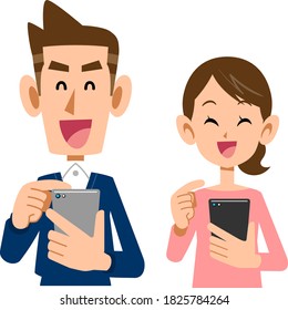 A young couple operating a smartphone with a smile