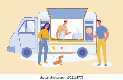 Young Couple in Outdoor Street Food Festival Purchasing Snack in Pizza Cafe on Wheels or Fast Food Truck. Man and Woman People Cartoon Characters in Street Auto Cafe. Flat Vector Illustration.