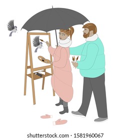 Young couple outdoors. Girl is drawing birds and man is holding umbrella and brushes.