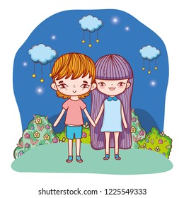 young couple outdoors nighttime landscape cartoon