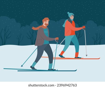 Young couple in outerwear skiing in forest or public park. A man and a woman go cross-country skiing in the woods. Winter sport activities. Flat vector illustration