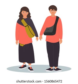 Young couple over isolated background. Happy man and woman together. Vector illustration on white background in cartoon style