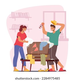 Young Couple Packing A Suitcase Together, Deciding On What To Bring For Their Upcoming Trip. The Image Captures The Excitement And Anticipation Of Traveling. Cartoon Vector Illustration