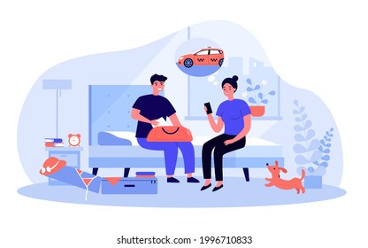 Young couple packing suitcases at sea flat vector illustration. Man and woman sitting on sofa and ordering taxi through mobile app. Holiday, family trip, summer travel, home interior concept