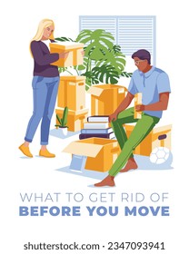 una pareja joven está empacando cosas para mudarse a casa. Interior de una habitación con cajas de papel. Ilustración plana del vector