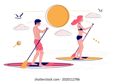 Young couple paddling SUP boards, flat vector illustration. Stand up paddle boarding, SUP surfing, summer beach activity concept.