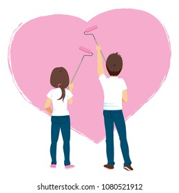 Young couple painting big heart with pink paint on white wall