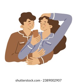 Una pareja joven en pijamas se abraza y mira el teléfono. Se toman selfies y navegan juntos por los medios sociales. Vida familiar. Ilustración vectorial aislada en fondo blanco.