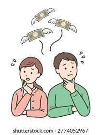 A young couple is panicking because their money has grown wings and flown away.
